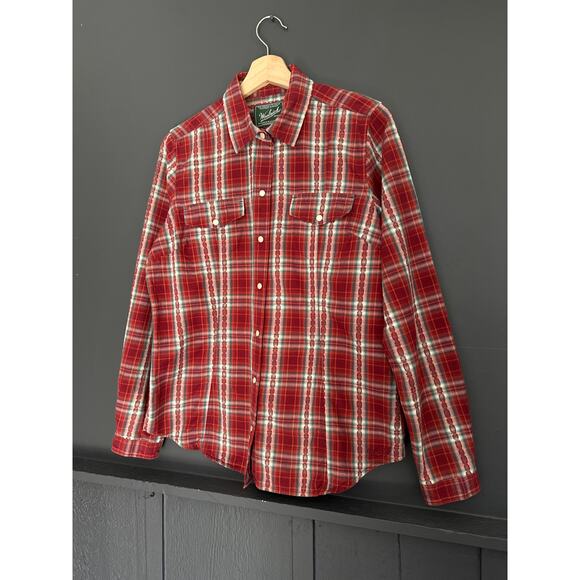 Woolrich Red Green White Plaid Pearl Snap Button Cotton Blouse Shirt Size Medium - Picture 2 of 10
